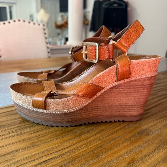 Tory Burch Womans Sandals Brenden Brown Leather Cork Wedge Size 10 - Picture 3 of 14